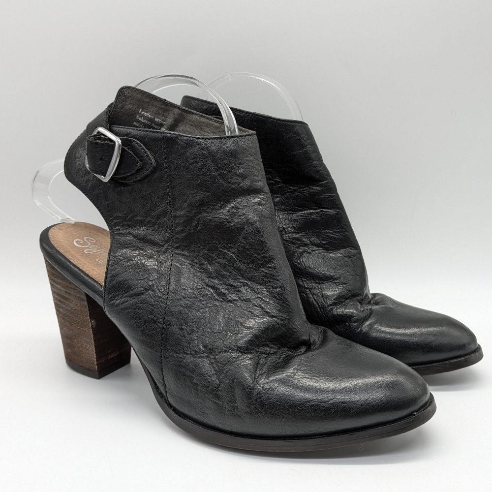 Seychelles Caravan Open Back Wedge Heel Black Leather Bootie 9